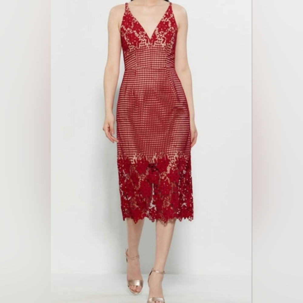 NWT Dress the Population Aurora Red Midi Lined Lace Tea Dress Size L